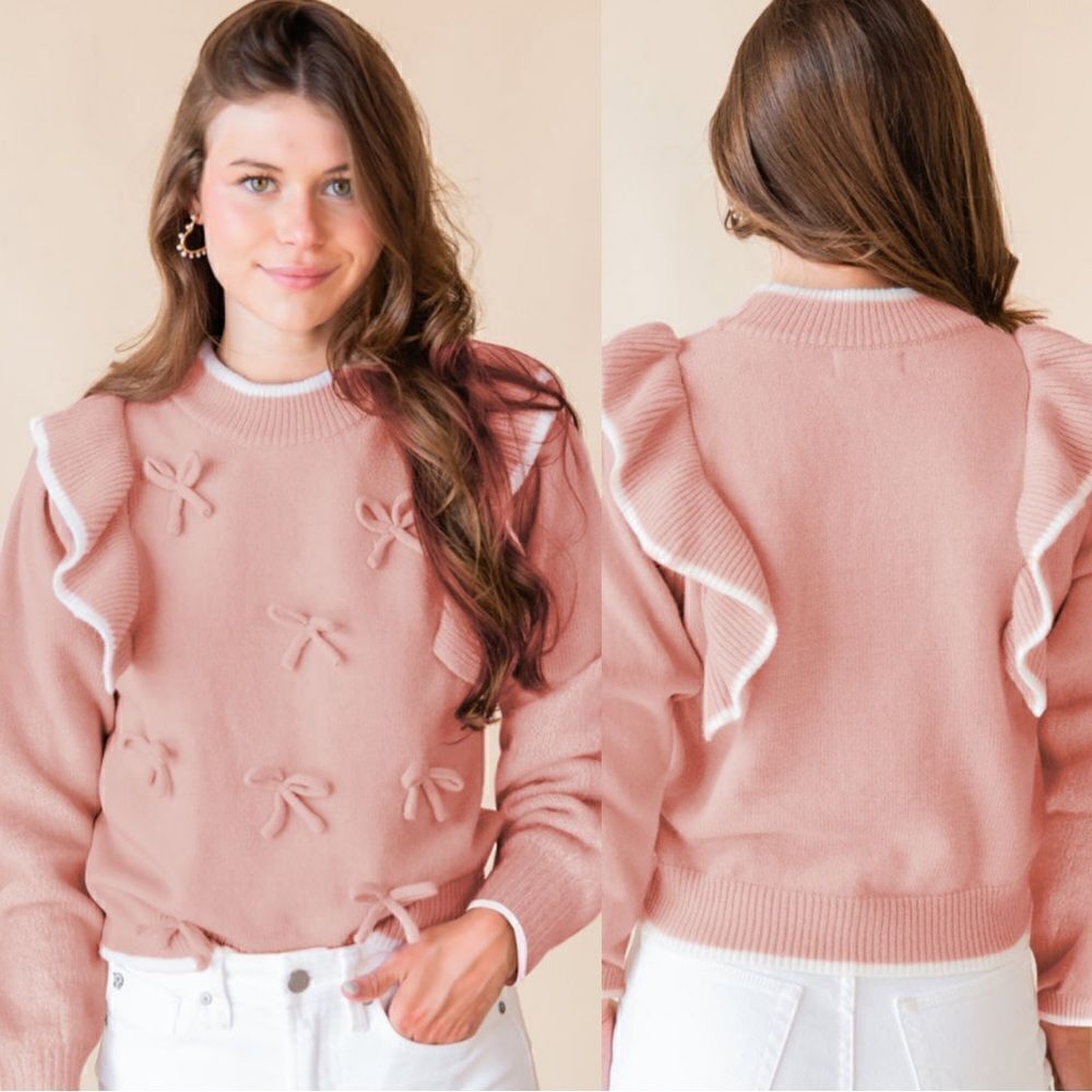Blush Bow and Ruffle Sweater